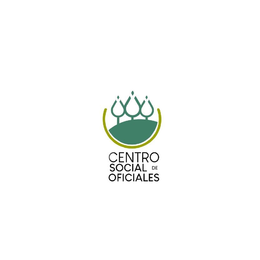 Un logotipo para el centro social de oficiales con tres árboles en una colina.