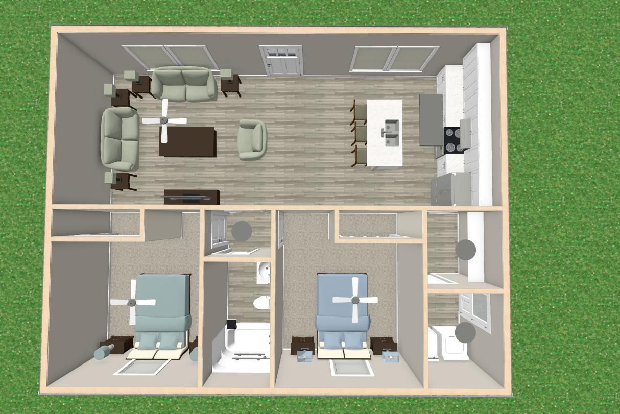 An aerial view of a house with three bedrooms and a living room.