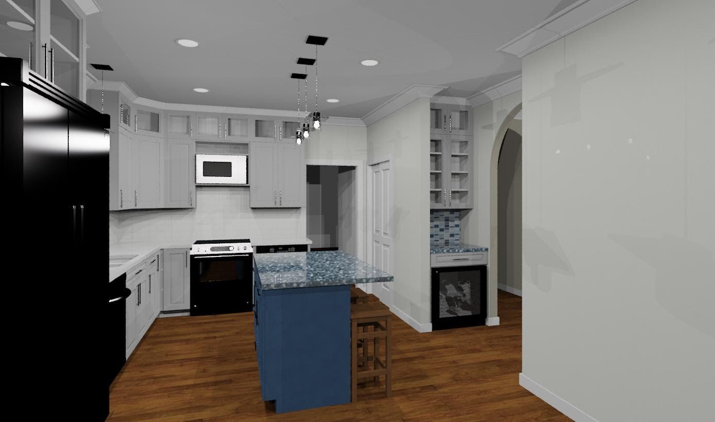 A kitchen with white cabinets , black appliances , and a blue island.
