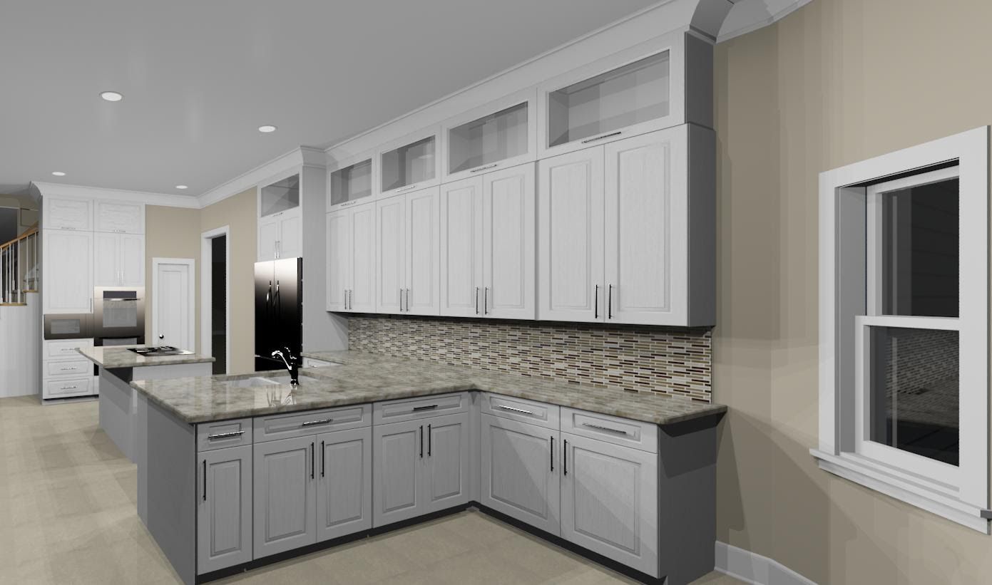 A computer generated image of a kitchen with white cabinets and granite counter tops.