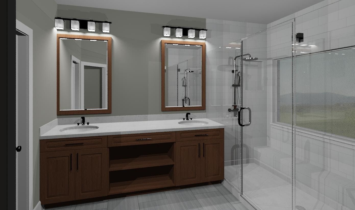 A bathroom with two sinks and a walk in shower.