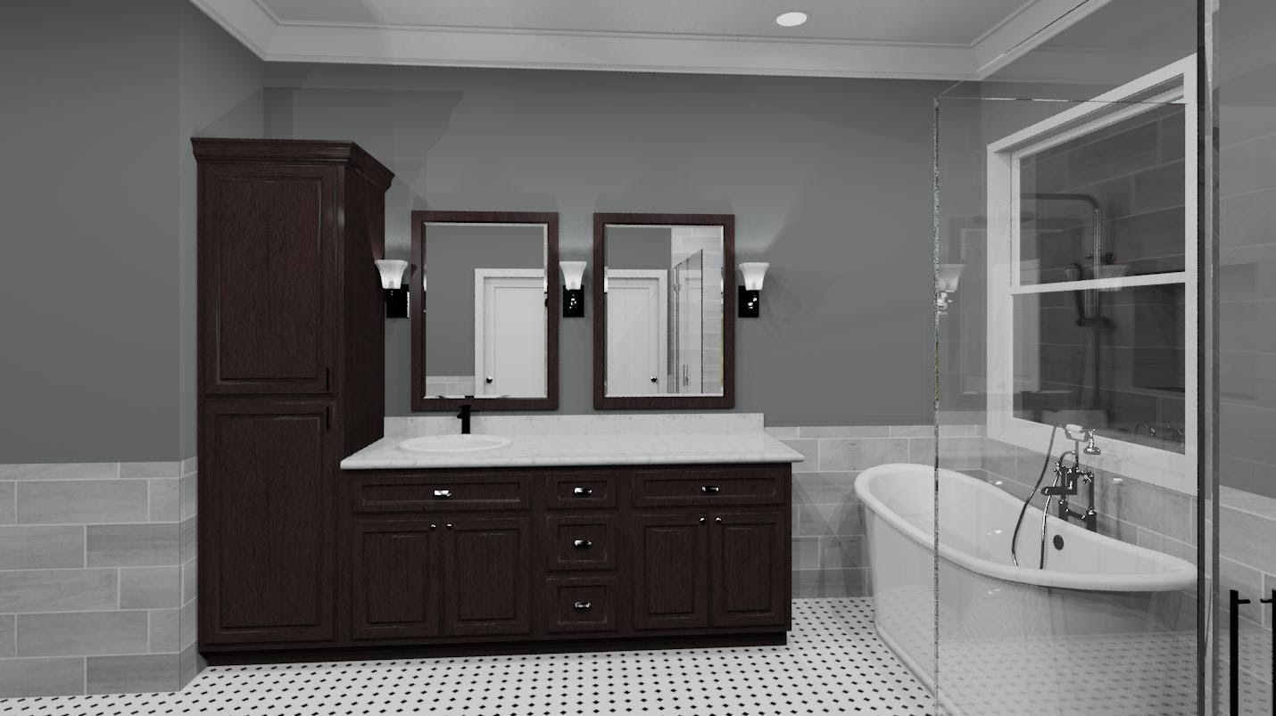 A bathroom with two sinks , a tub , two mirrors and a window.