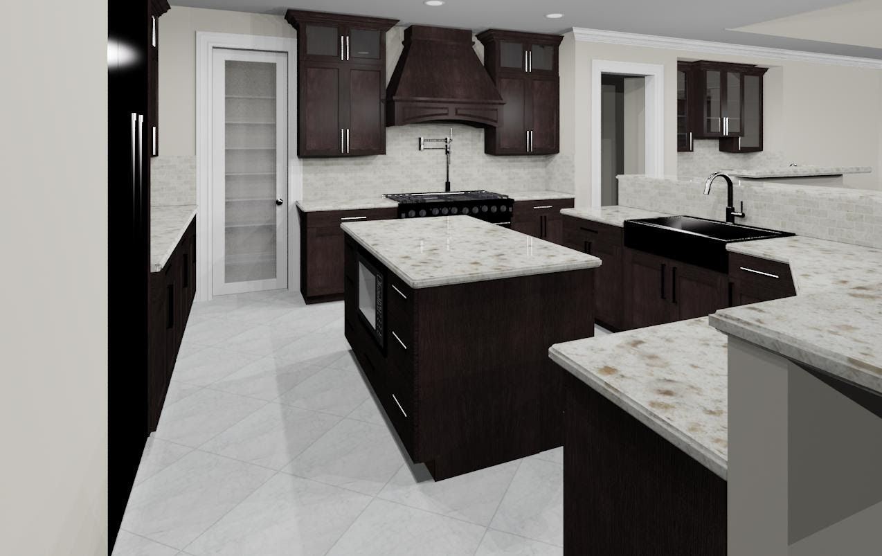 A kitchen with brown cabinets and white counter tops