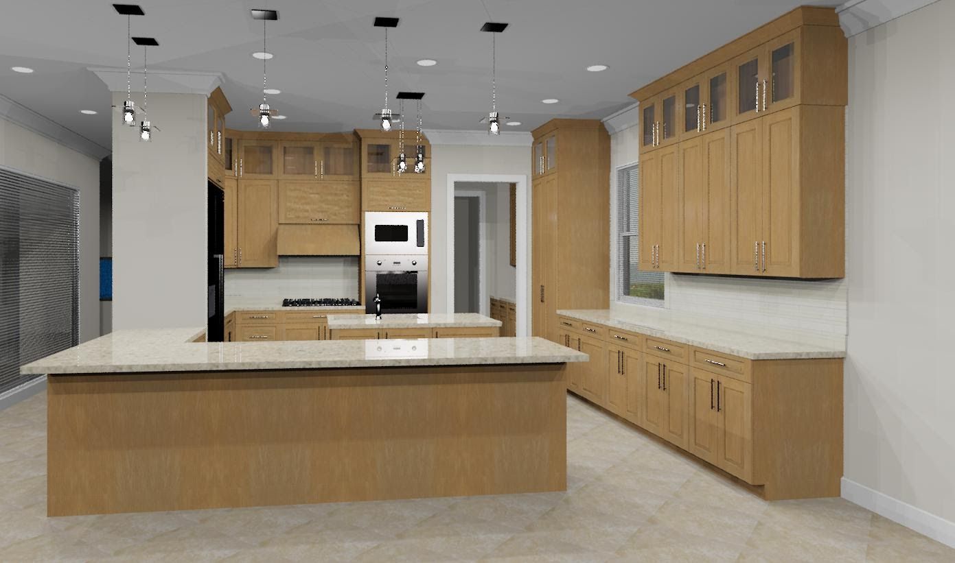 A 3d rendering of a kitchen with wooden cabinets and a large island.