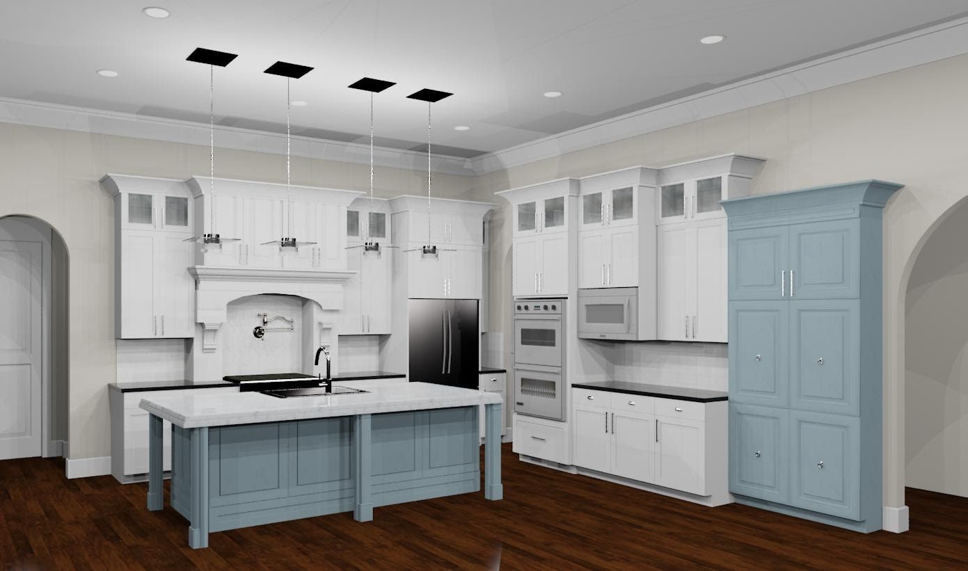 A kitchen with white cabinets and blue cabinets and a large island.