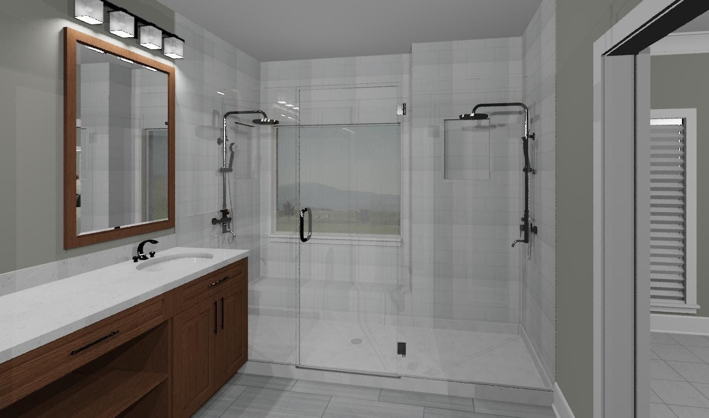 A bathroom with two sinks and a walk in shower.