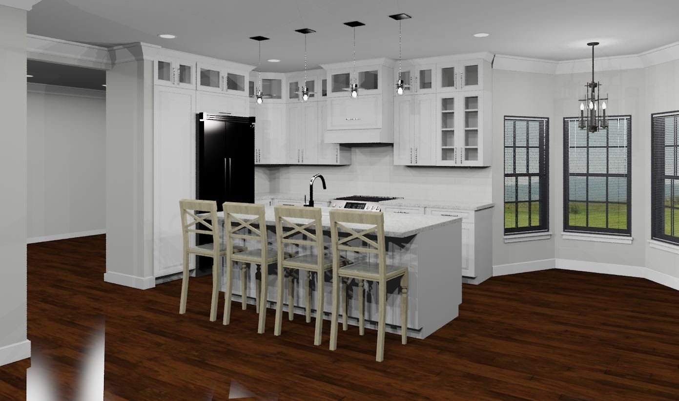 A computer generated image of a kitchen with white cabinets and a large island.