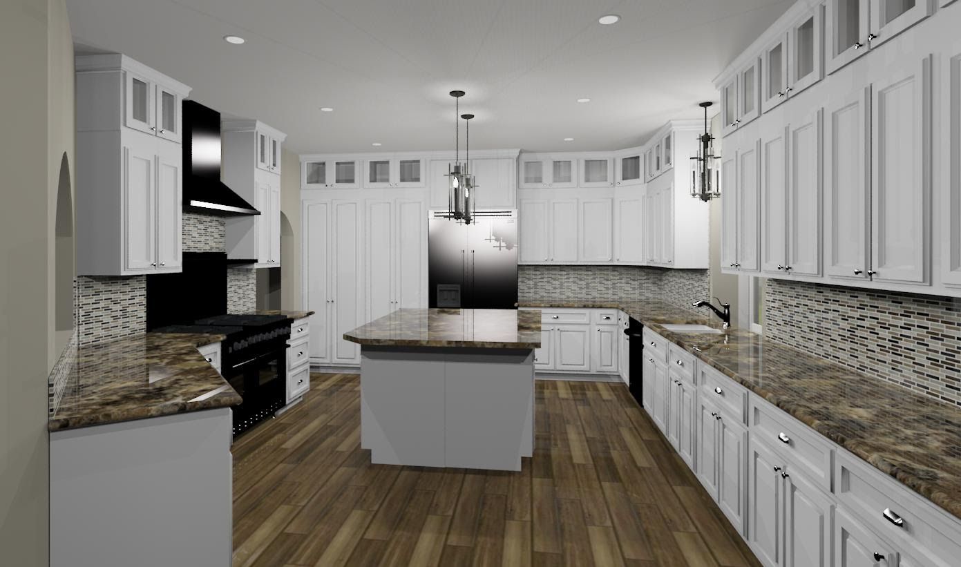 A kitchen with white cabinets, granite countertops, and a large island.
