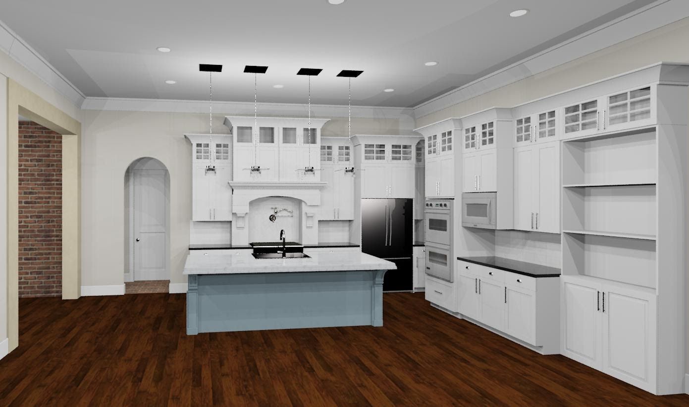 A computer generated image of a kitchen with white cabinets and a blue island.