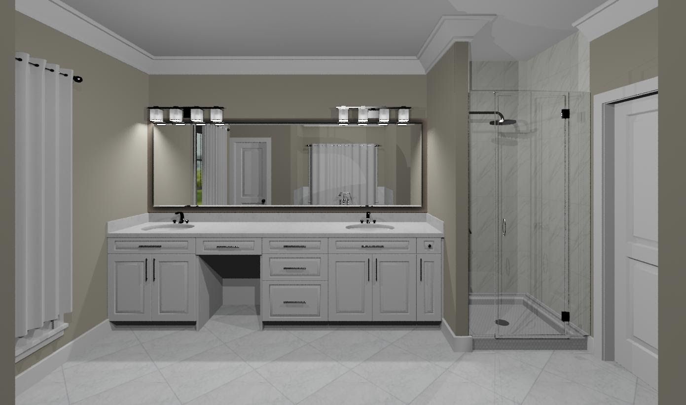 A bathroom with two sinks and a walk in shower.