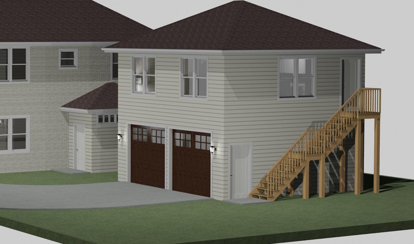 A model of a house with two garage doors and stairs.