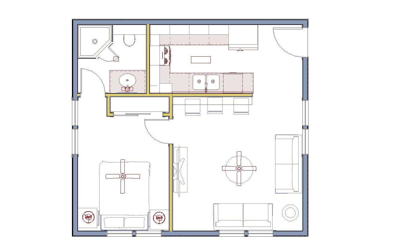 A floor plan of a small apartment with a kitchen , living room , and bathroom.