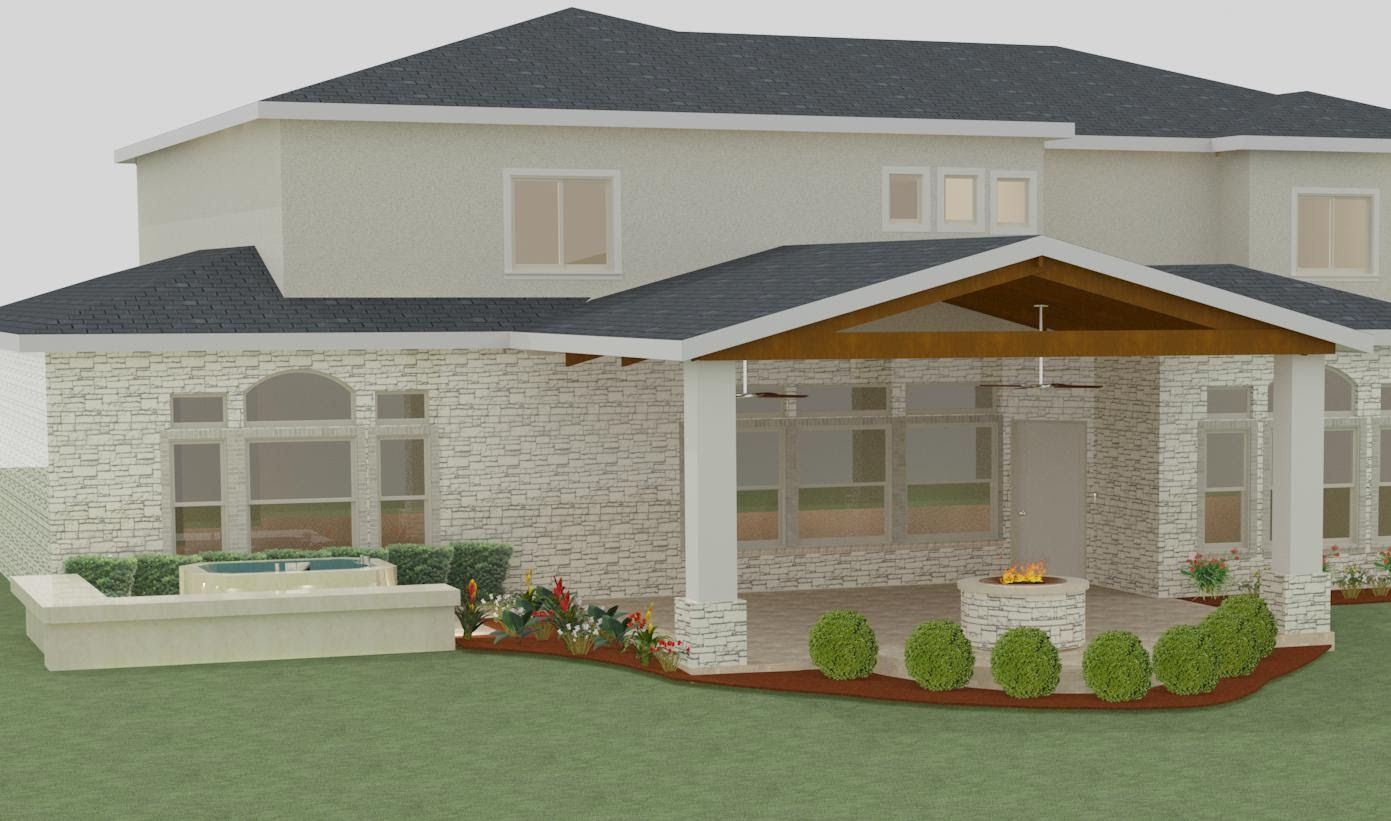 A 3d model of a house with a large porch.