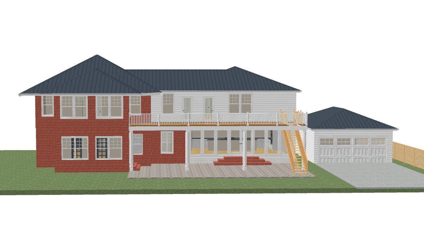 A 3d model of a large brick house with a large deck.