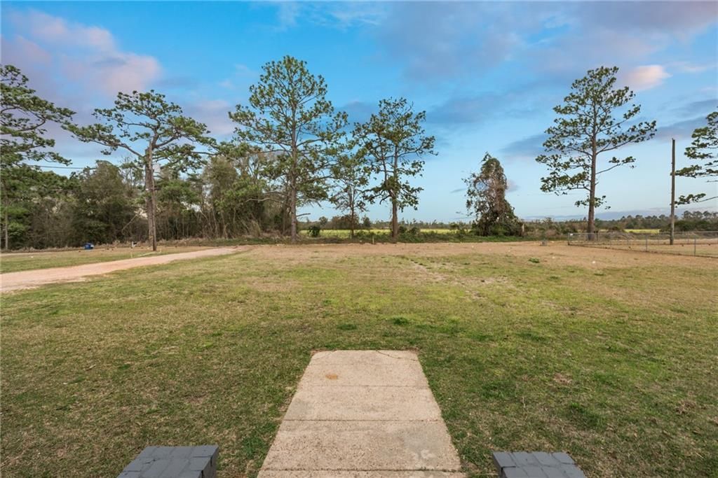 A concrete path going through a grassy field with trees in the background.