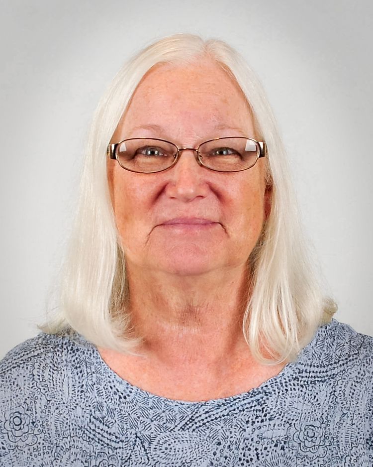 A headshot of a person with long, light hair and glasses wearing a blue patterned top against a light gray background.