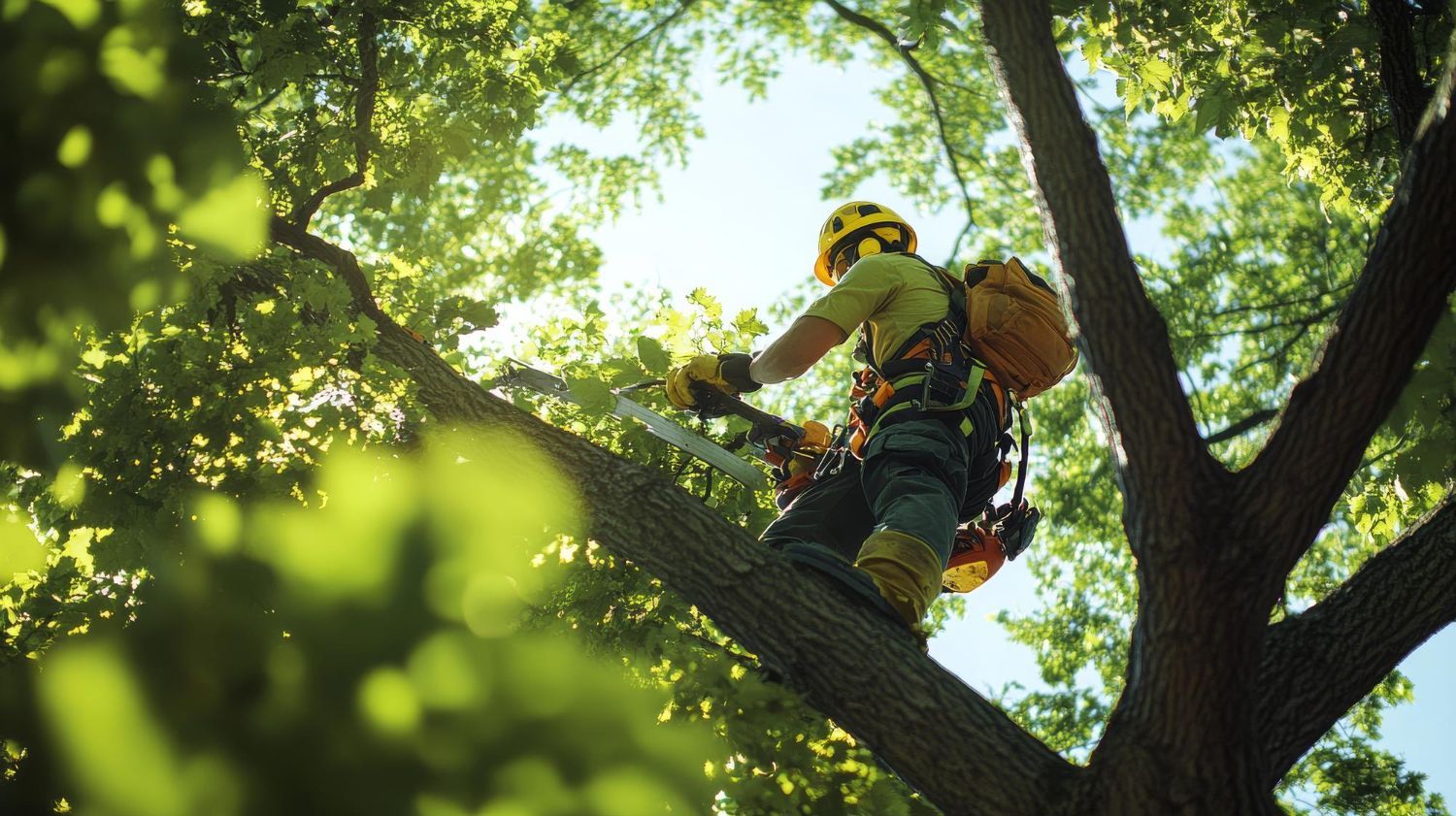 A man is cutting a tree branch with a chainsaw.