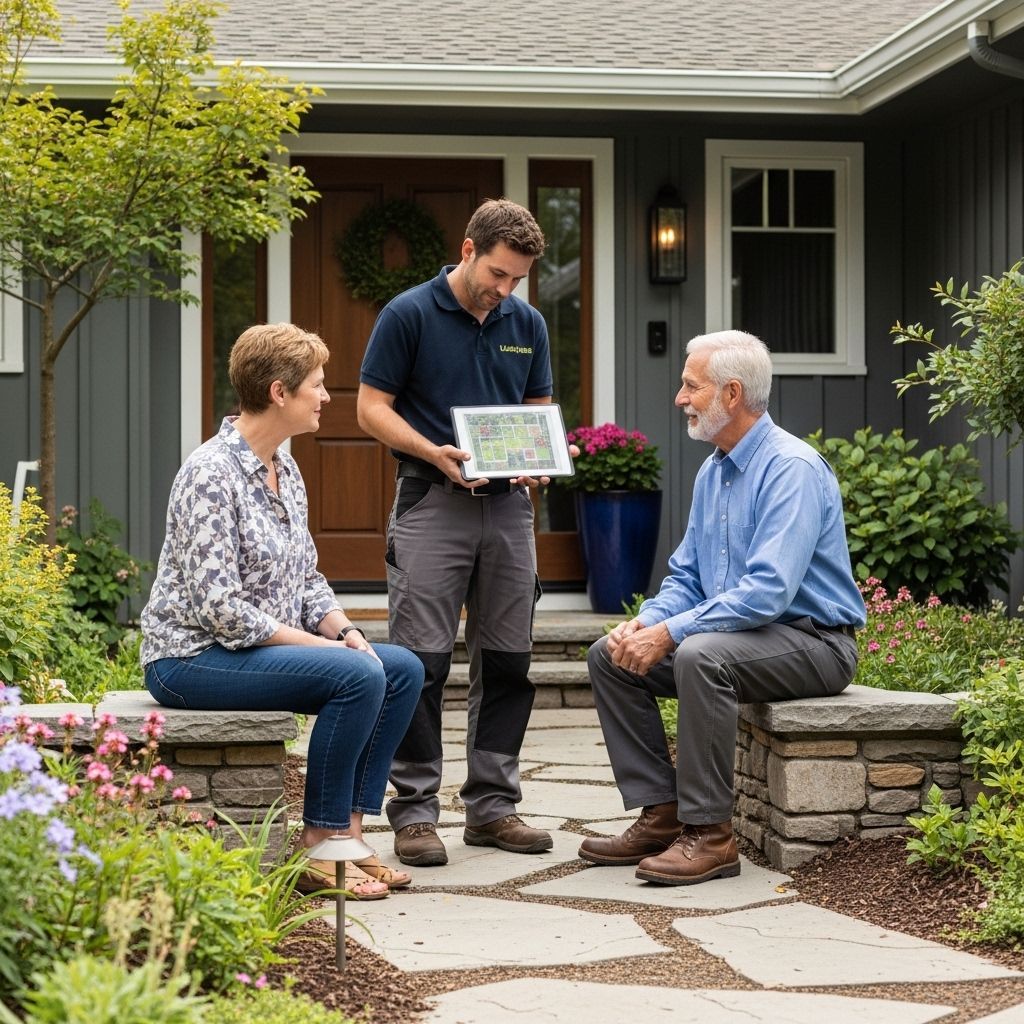 Man showing a tablet to a couple outside a home, discussing landscaping plans.