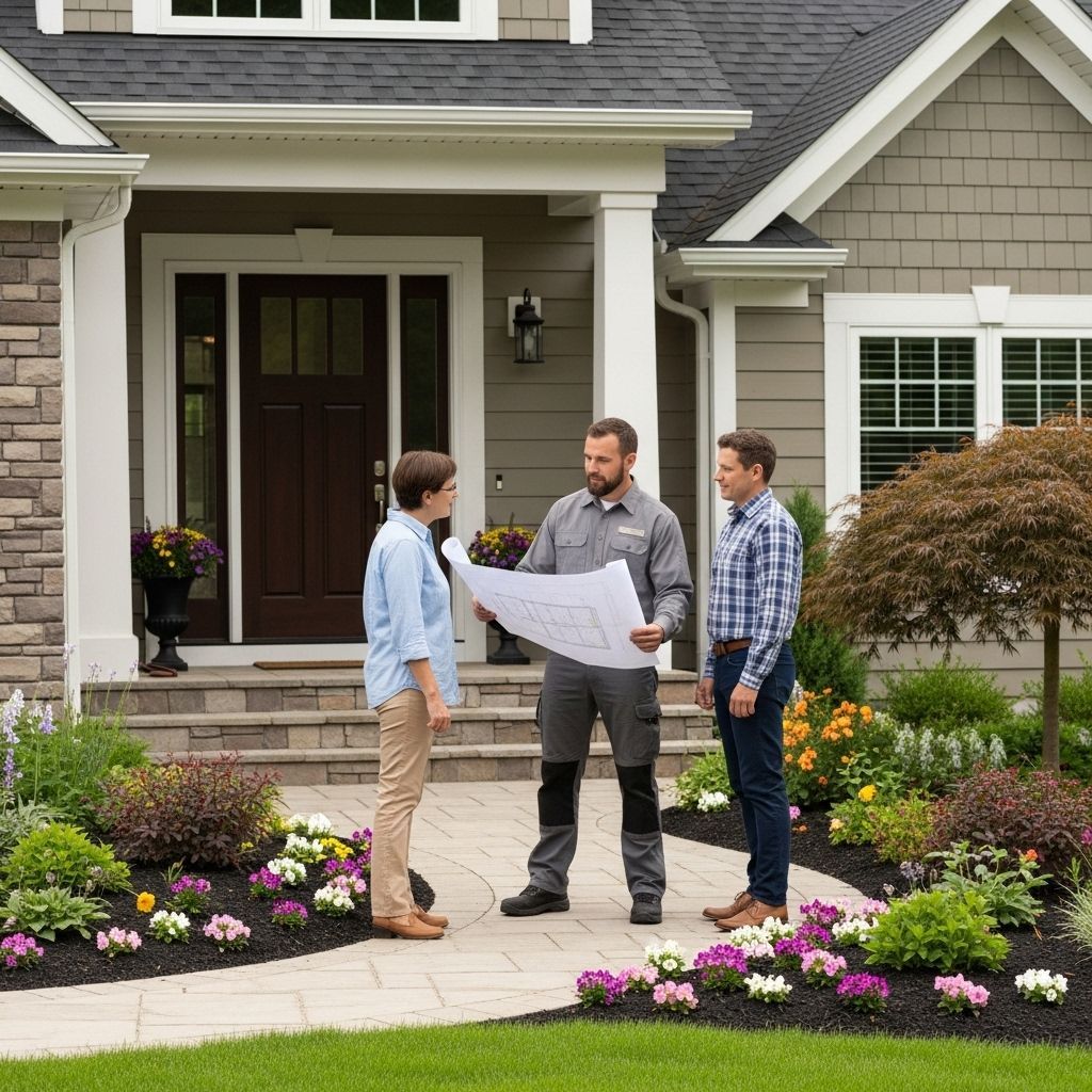 Three people reviewing blueprints in front of a house with a garden.