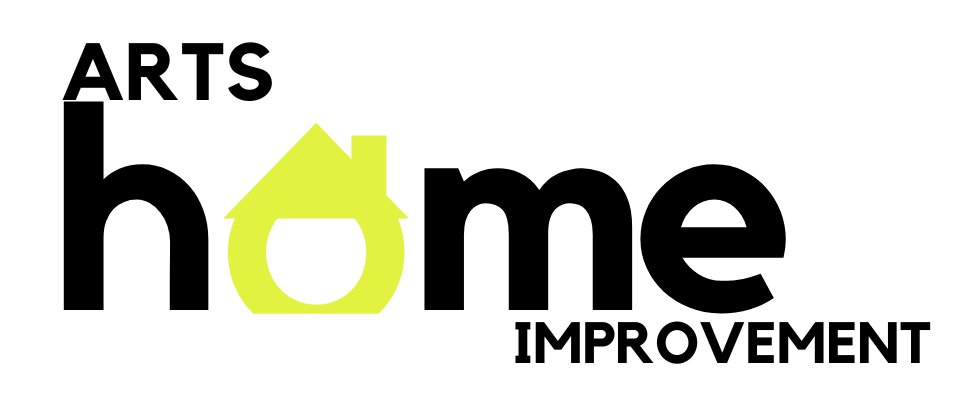 A logo for arts home improvement with a yellow house in the middle.