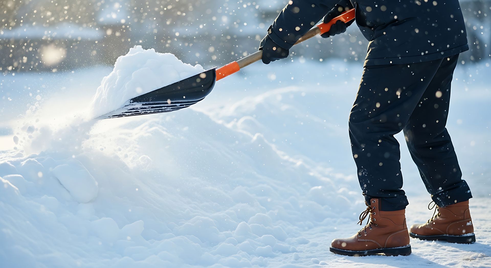 Person shoveling snow on a sidewalk; black shovel with orange handle; sunny winter day.