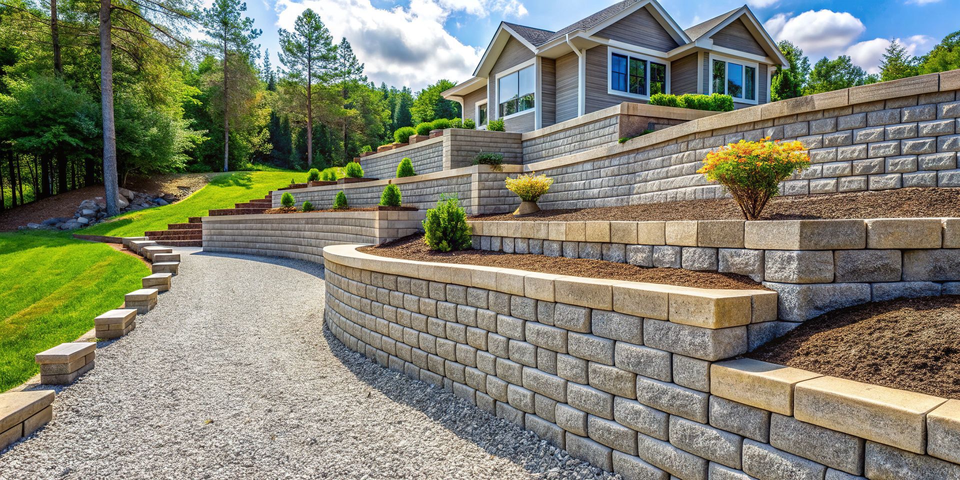 House on tiered landscaping with stone walls and gravel pathway.