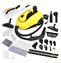 Un pulitore a vapore di colore giallo brillante con un'ampia gamma di accessori per la pulizia, spazzole e panni in microfibra.