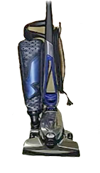 Vista laterale di un aspirapolvere verticale blu e argento con cavo nero avvolto intorno al manico.