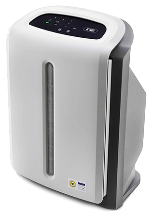 Purificatore d'aria domestico bianco e grigio con presa d'aria centrale verticale e pannello di controllo digitale touch posizionato sulla parte superiore.