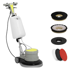 Una lucidatrice per pavimenti con serbatoio per la soluzione, mostrata con due spazzole abrasive, un supporto per i tamponi e tre tamponi di pulizia.