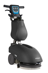 Una lavasciuga pavimenti Genie nera con testina, manico e pannello di controllo blu su sfondo bianco.