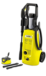 Un'idropulitrice Karcher di colore giallo brillante con pistola a spruzzo, tubo flessibile e accessori su sfondo bianco.