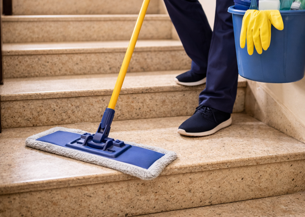 Una persona pulisce una scalinata di pietra usando uno spazzolone piatto blu, mentre tiene in mano un secchio blu con dei guanti gialli all'interno.