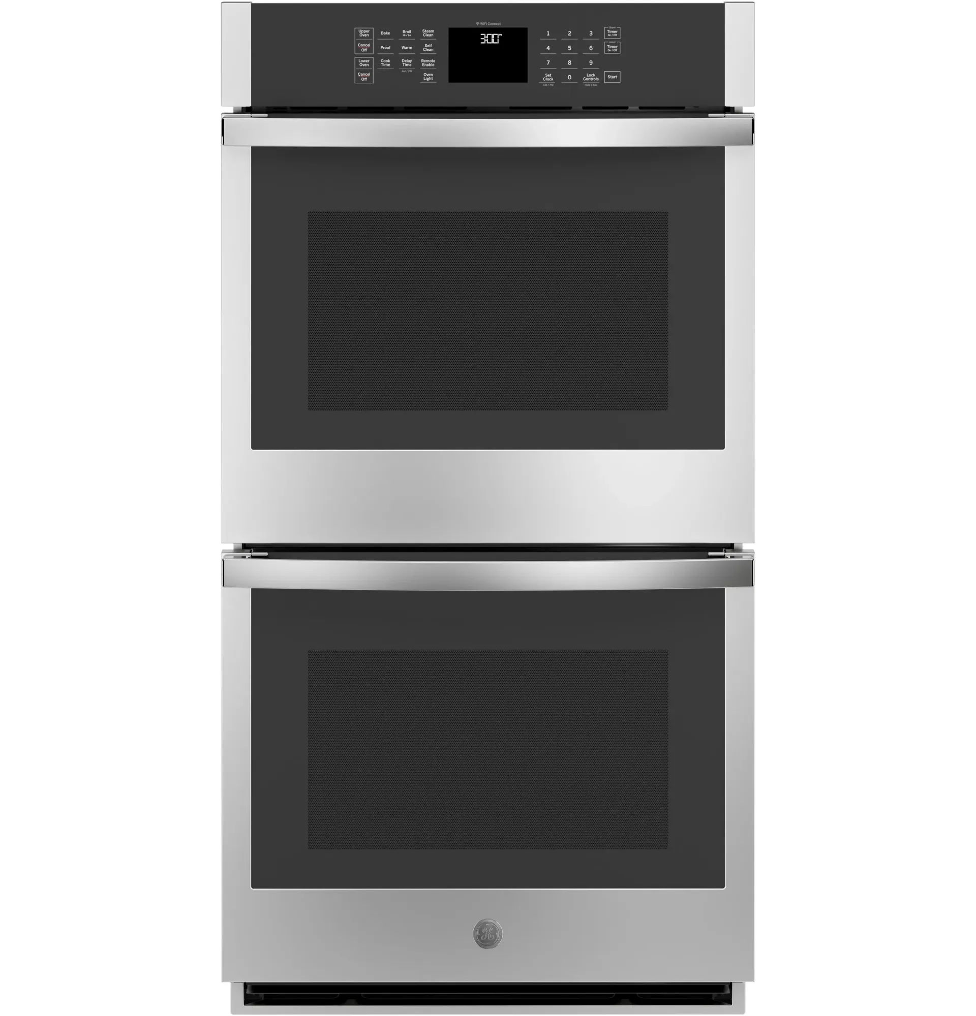 A stainless steel double oven with a black door