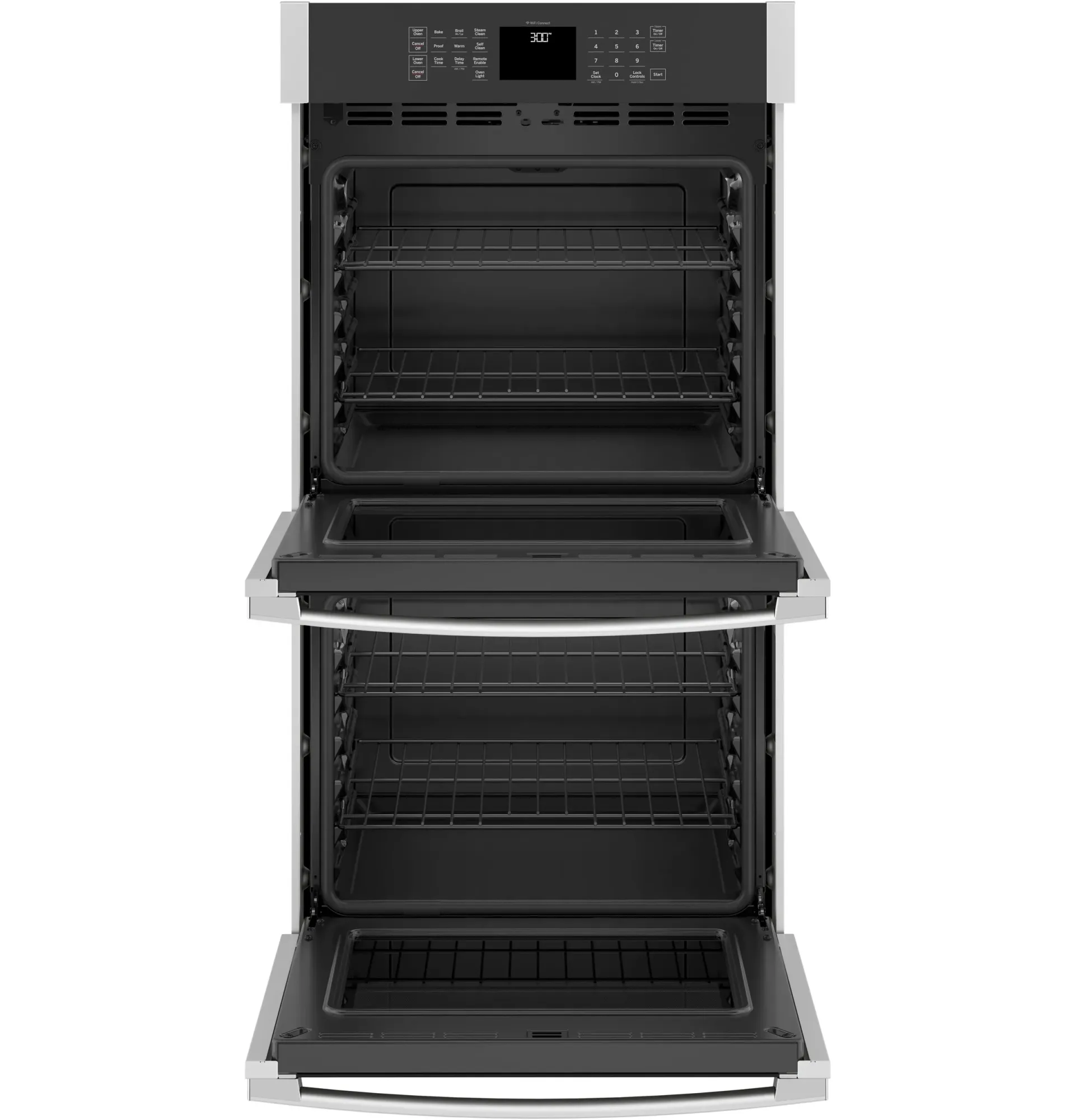 The inside of a double oven with the door open.