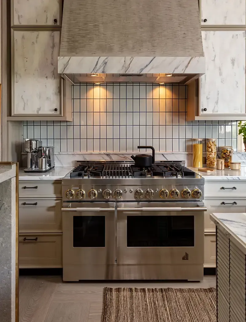 A kitchen with a stainless steel stove and oven