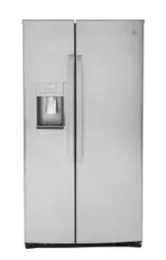 A stainless steel refrigerator with a water dispenser on the door.