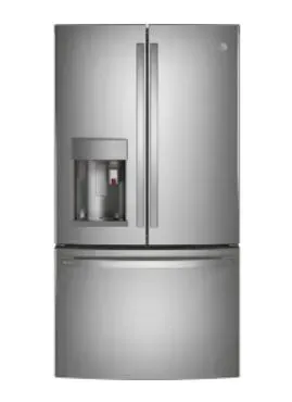 A stainless steel refrigerator freezer with a water dispenser on the door.