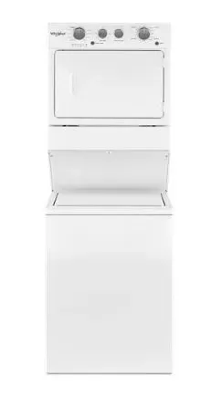 A white washer and dryer stacked on top of each other on a white background.