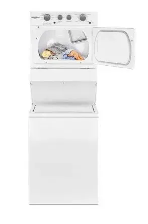 A white washer and dryer stacked on top of each other on a white background.