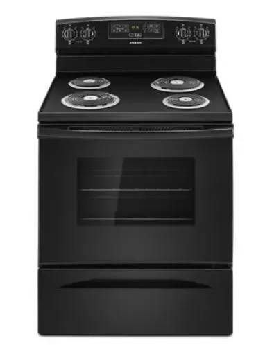A black stove with four burners and a glass door on a white background.