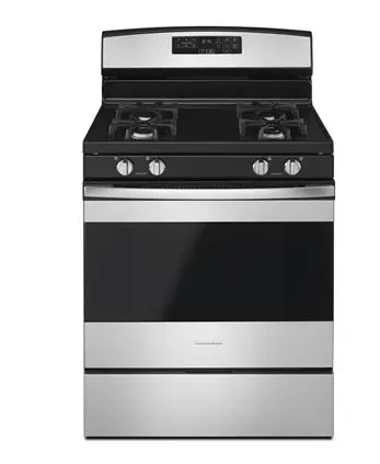 A stainless steel gas stove with a black oven on a white background.
