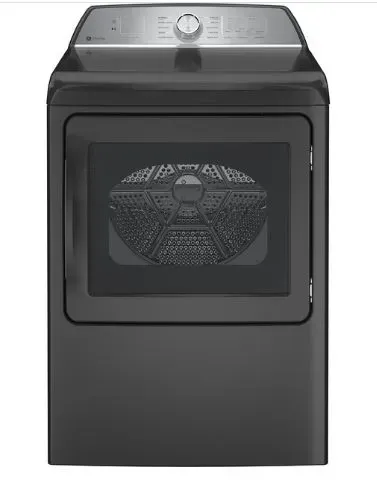 A black dryer is sitting on top of a white counter.