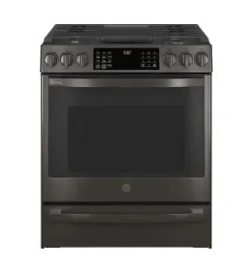 A black stove top oven with a digital display