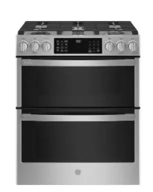 A stainless steel stove top oven with a black door