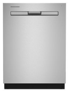 A stainless steel dishwasher is shown on a white background.