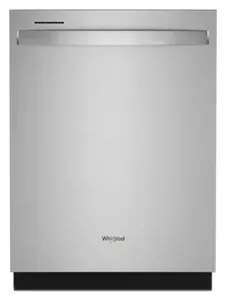 A stainless steel whirlpool dishwasher on a white background