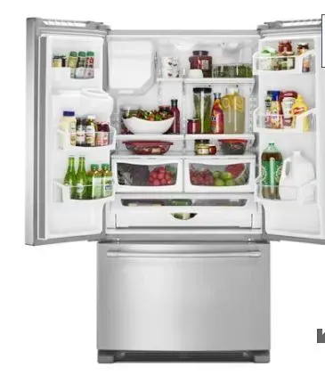 A stainless steel refrigerator with its doors open and filled with food and drinks.