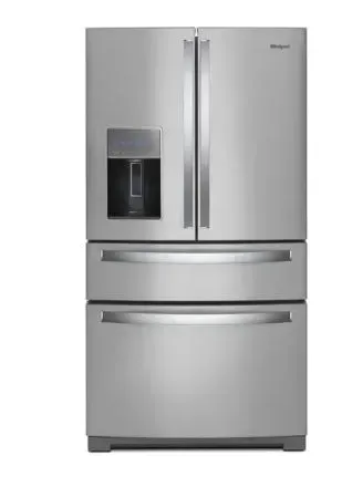 A stainless steel refrigerator freezer with a water dispenser on a white background.