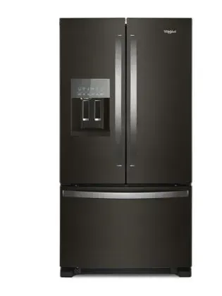 A black refrigerator with a water dispenser on the door.